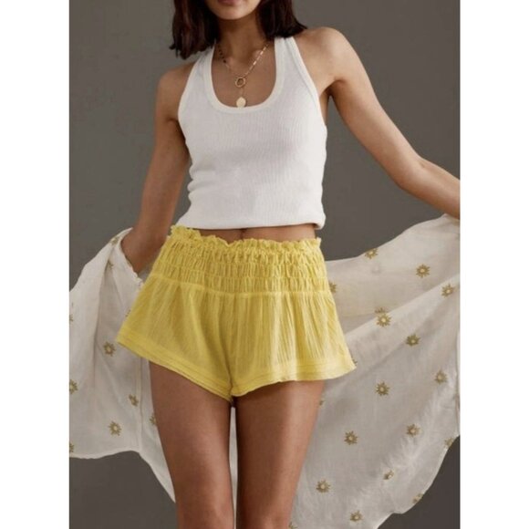 Anthropologie Pants - Anthropologie smocked gauze shorts XL yellow Pull On Cotton Elastic Waist NWT